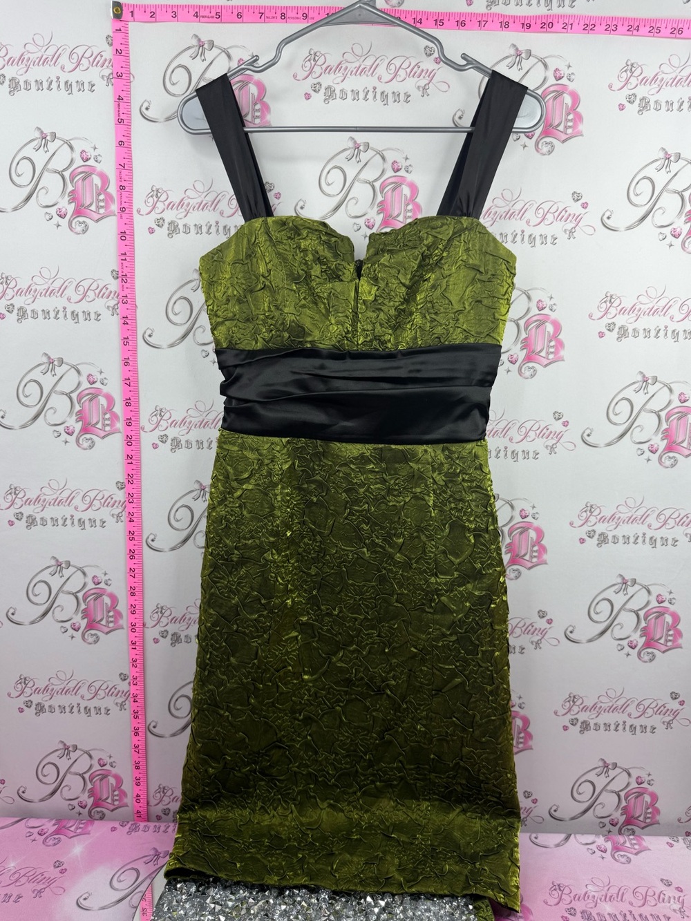 le chateau dress Olive Green Textured Midi Dress with Black Satin Waistband